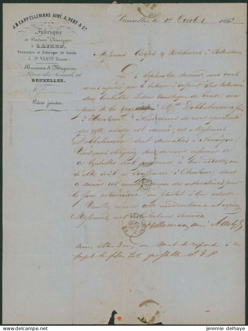 Médaillon - N°11 En Paire Sur LAC Obl P24 çàd Bruxelles (1862) + Manusc. "Franco" > Rotterdam / Cachet Privé (intérieur) - 1858-1862 Medallions (9/12)