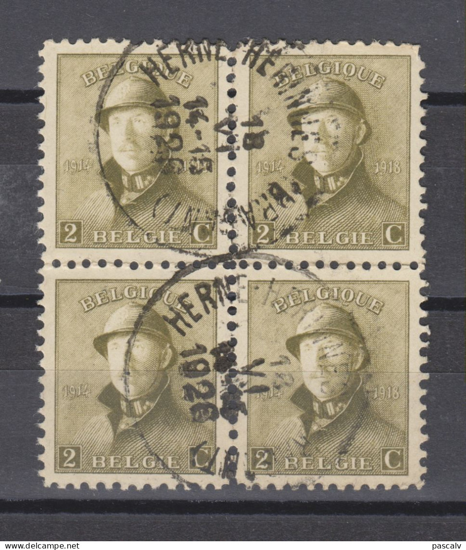 COB 166 Bloc De 4 Oblitération Centrale HERNE - HERINNES (BRABANT) Rare - 1919-1920  Cascos De Trinchera