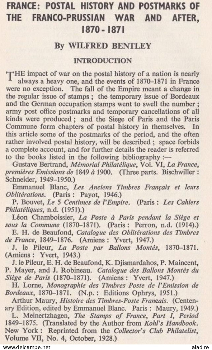 1955 - Wilfred Bentley - Postal History & Postmarks Of The Franco-Prussian War & After 1870 / 1871 - La Guerre De 1870 - Filatelia E Storia Postale