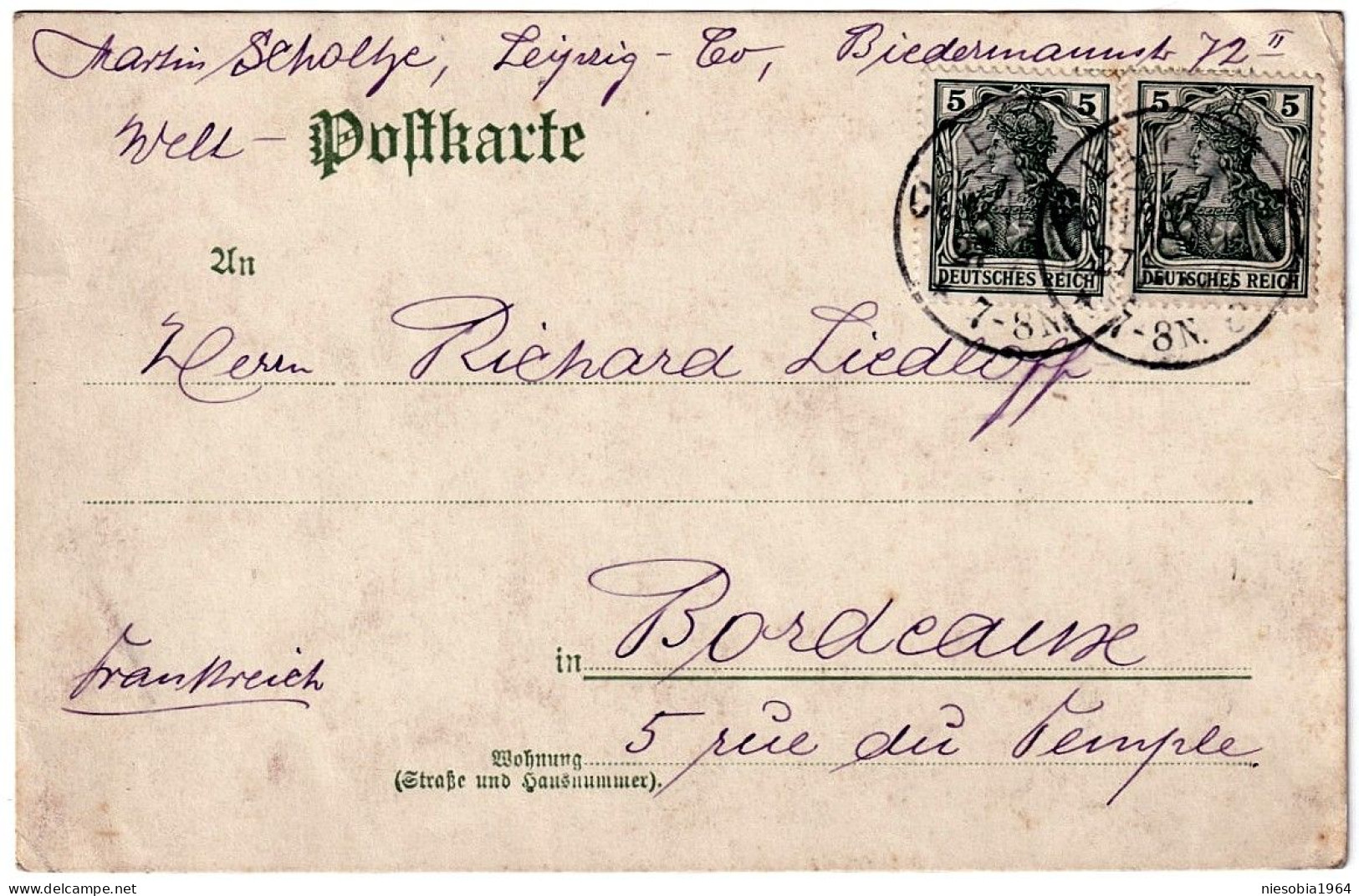 Belle-Époque Vintage Imperial Germany Postcard 2 X 5 Pfennig Stamps 27.02.1910 Leipzig To Bordeaux - Tarjetas