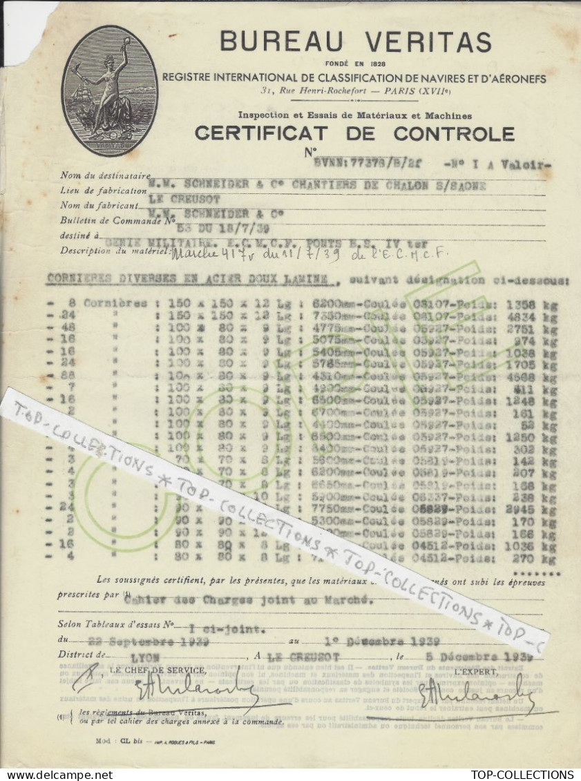 GENIE MILITAIRE CONSTRUCTION 1939  ENTETE Certificat Bureau Veritas => Schneider  Le Creusot Saone Et Loire V.HIST. - 1900 – 1949