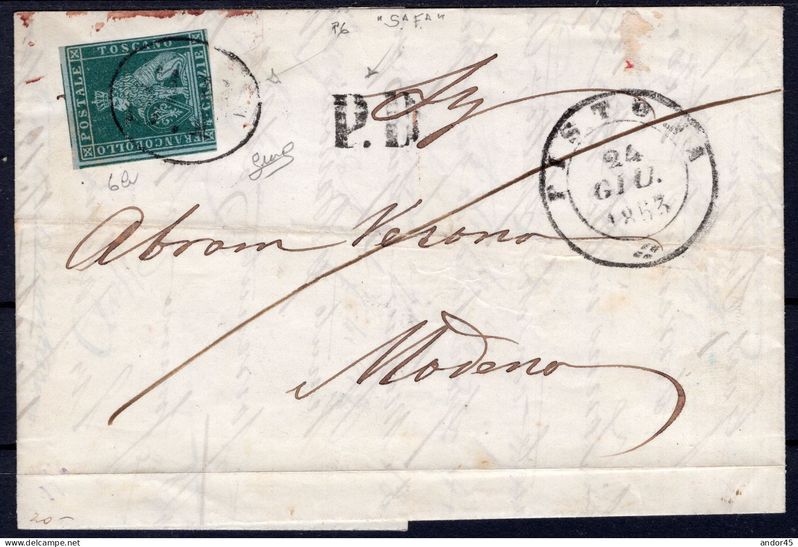 1853 24 GIU 4 Cr SASS 6a CON TRE BEI MARGINI TOCCATO IN BASSO SU LETTERA CON TESTO DA PISTOIA  X MODENA CON ANNULLO  "Sa - Toscane