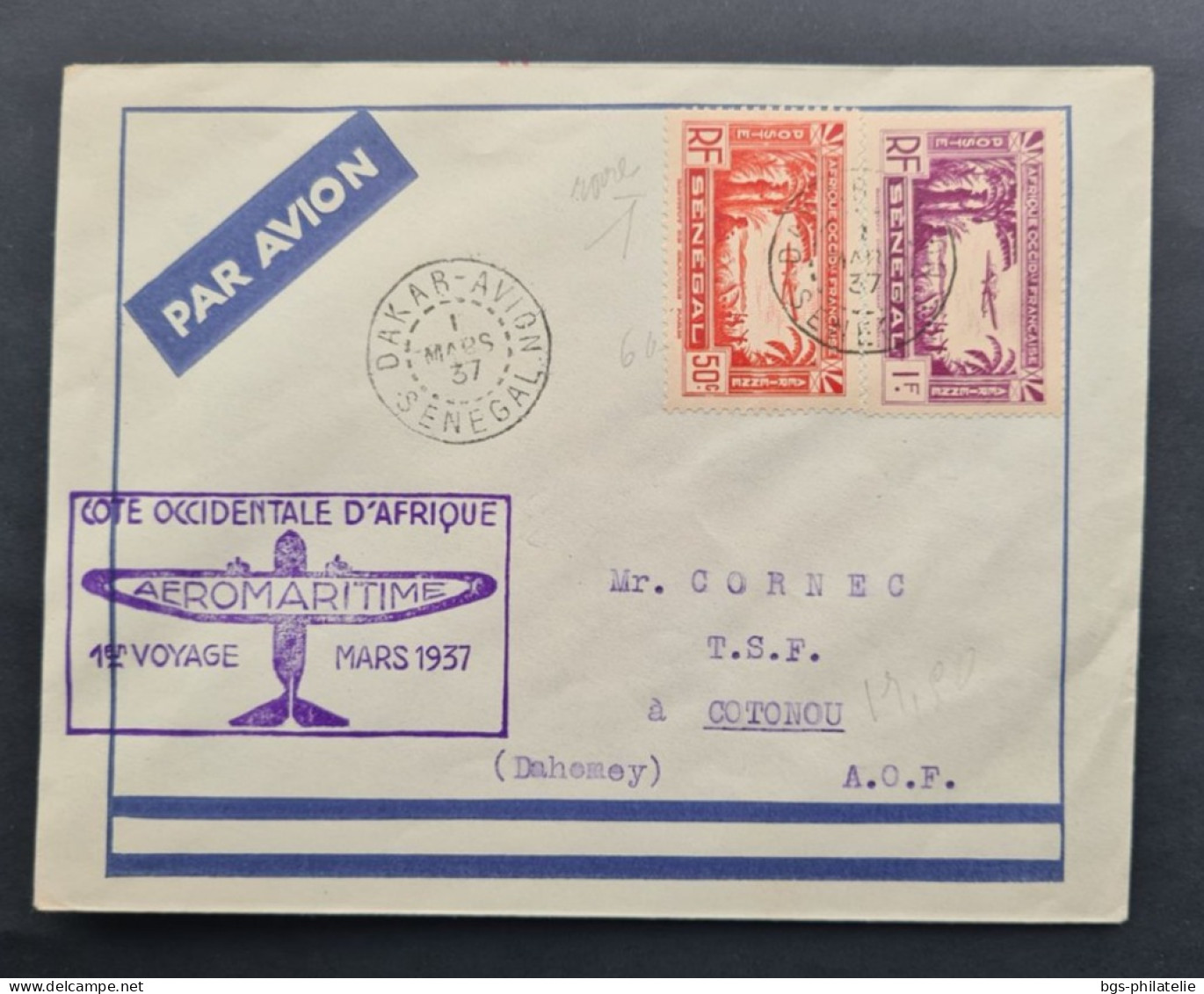 SÉNÉGAL,  Timbres Numéros PA2 Et PA3 Sur Lettre Avec Griffe Aéromaritime Cote Occidentale D'Afrique 1er Voyage Mars 1937 - Covers & Documents