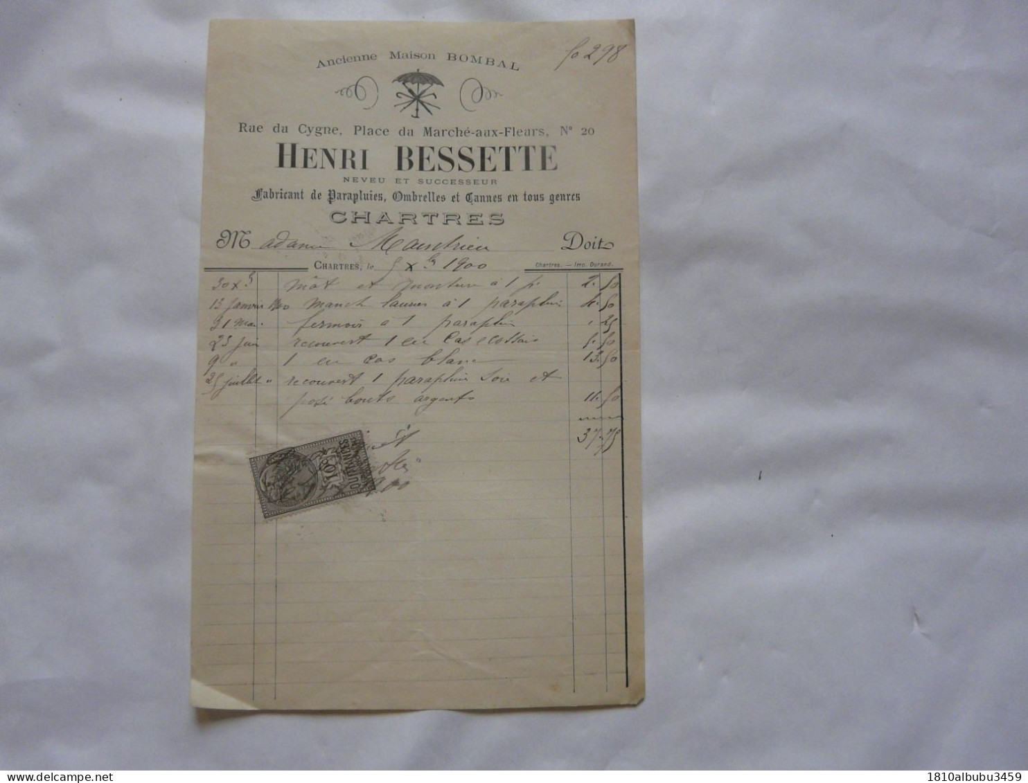 FACTURE ANCIENNE : HENRI BESSETTE - Fabricant De Parapluies, Ombrelles Et Cannes En Tous Genres - Rue Du Cygne -CHARTRES - 1900 – 1949