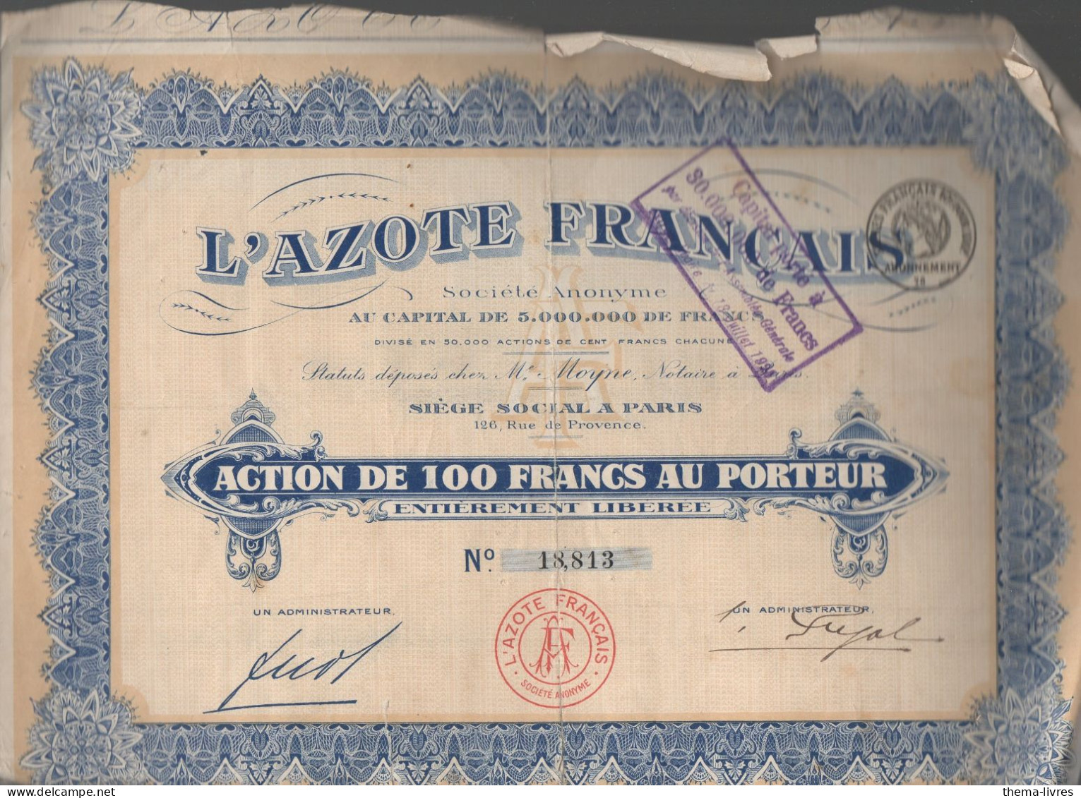 Paris: Action De 100f Au Porteur  L'AZOTE FRANCAIS    (CAT7159) - Autres & Non Classés