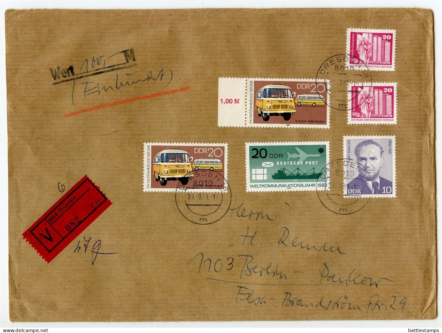 Germany, East 1983 Insured Mail V-Label Cover; Dresden To Berlin-Pankow; Mix Of Stamps - Cartas & Documentos