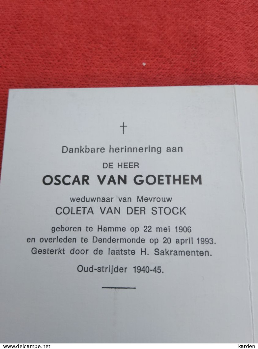 Doodsprentje Oscar Van Goethem / Hamme 22/5/1906 Dendermonde 20/4/1993 ( Coleta Van Der Stock ) - Religion &  Esoterik