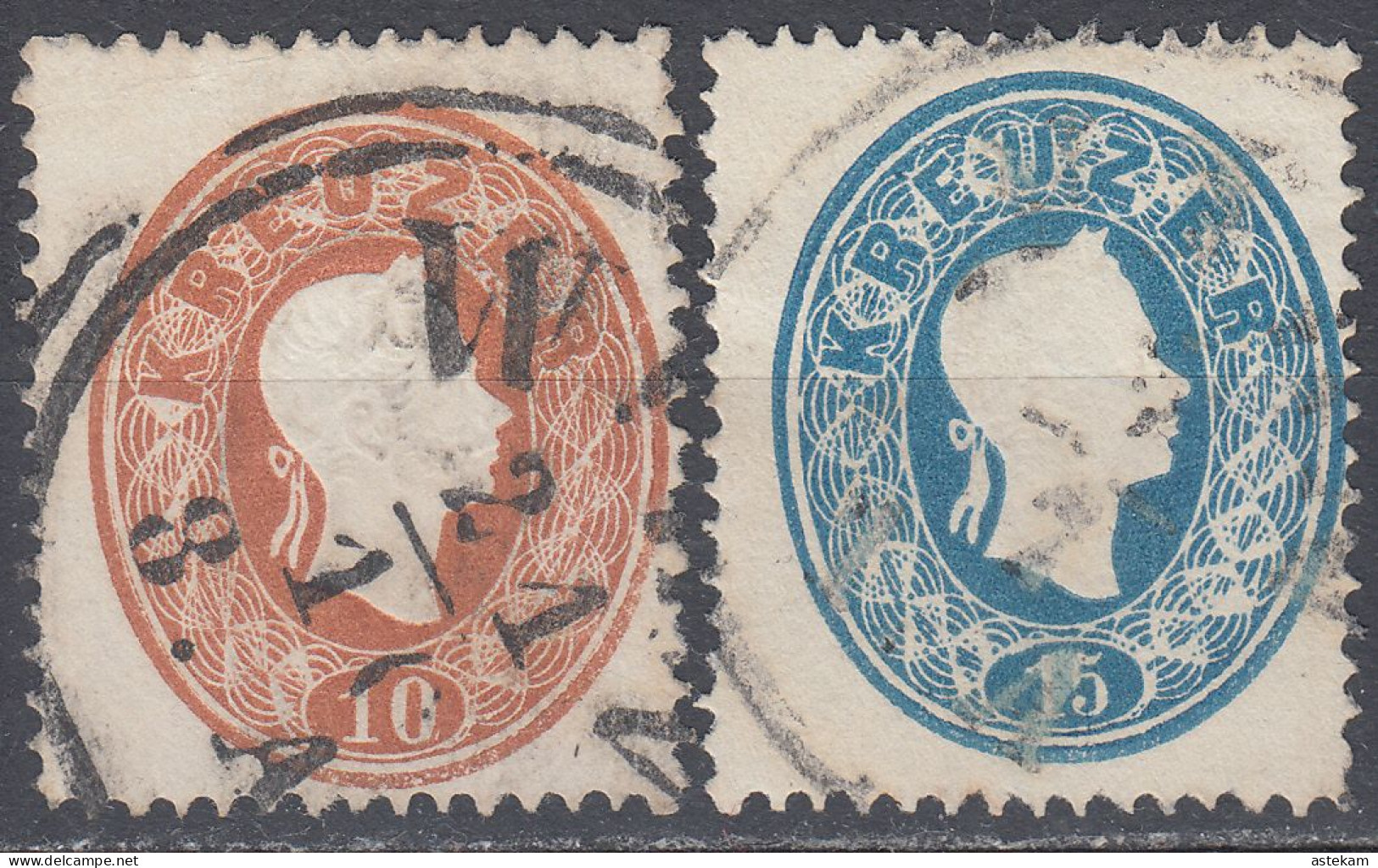 AUSTRIA 1860, KAISER FRANZ JOSEPH, MiNo 21/22, TWO SEPARATE USED STAMPS From 10.oo And 15.oo KROUZERS - Oblitérés