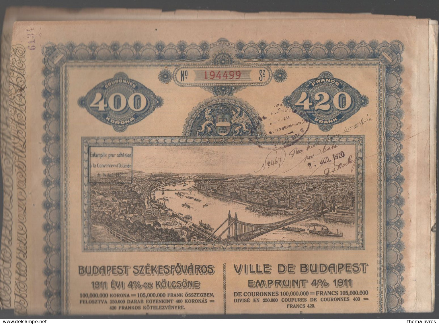 Budapest (Hongrie)  EMPRUNT A 4%    420F 1911  (CAT7160) - Andere & Zonder Classificatie