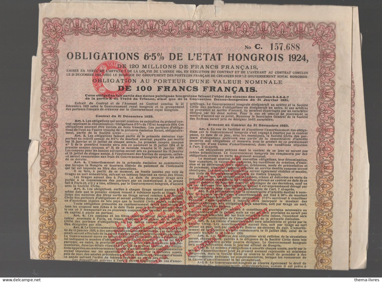 Budapest (Hongrie) OBLIGATION DE L'ETAT HONGROIS 6.5% 1924   (CAT7161) - Otros & Sin Clasificación