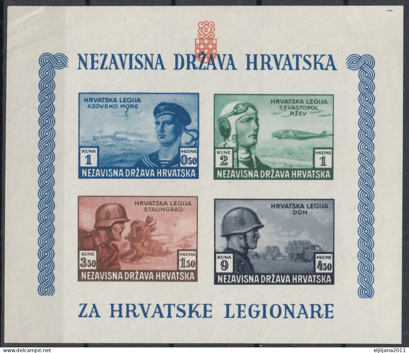 ⁕ Croatia NDH 1943 WW2 ⁕ Croatian Legion / ERROR perf. Mi.111-114 ⁕ MNH/MLH block 5 A+B