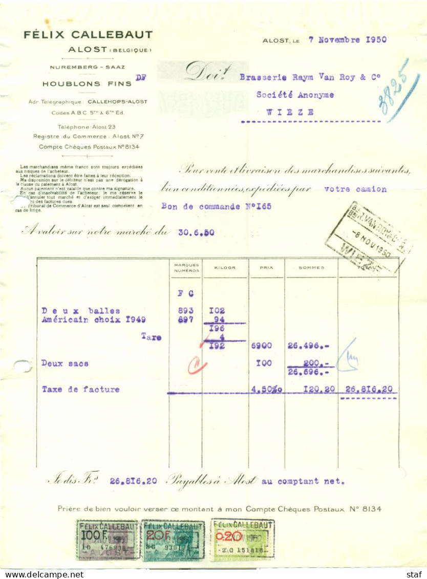 Factuur Félix Callebaut - Houblon - Hop - Alost 7-11-1950 - Alimentos