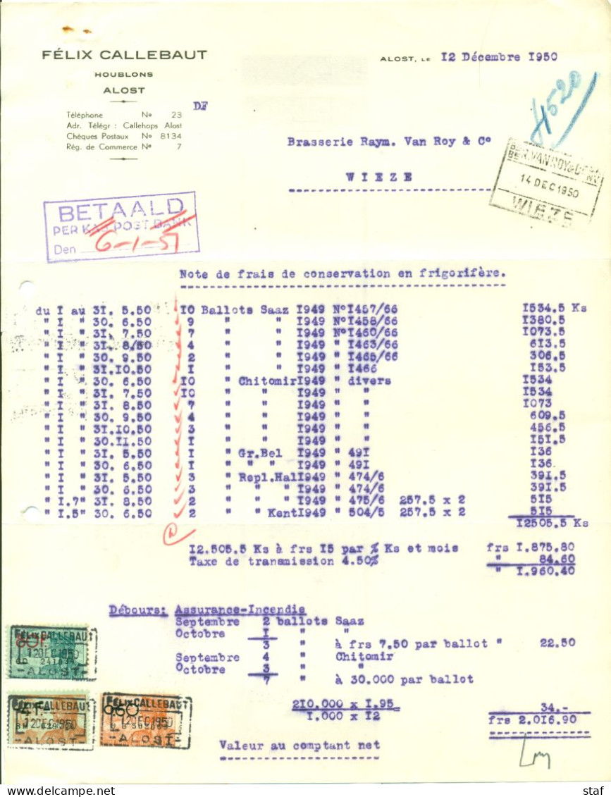 Factuur Félix Callebaut - Houblon - Hop - Alost 12-12-1950 - Alimentos