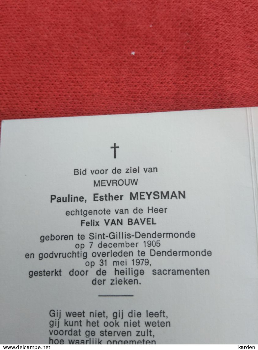 Doodsprentje Pauline Esther Meysman / Sint Gillis Dendermonde 7/12/1905 Dendermonde 31/5/1979 ( Felix Van Bavel ) - Religion &  Esoterik