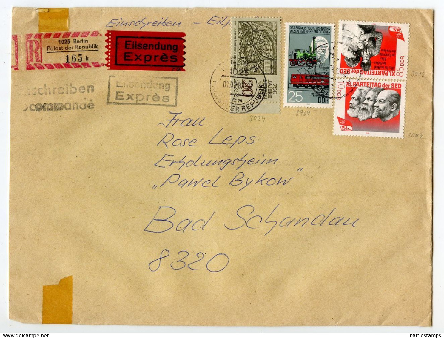 Germany, East 1987 Registered Express Cover; Berlin, Palast Der Republik To Bad Schandau; Mix Of Stamps - Cartas & Documentos