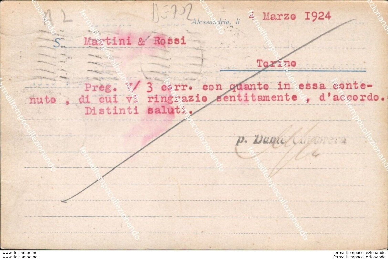 Be702 Cartolina Commerciale  Alessandria Citta'  Martini E Rossi 1924 - Alessandria