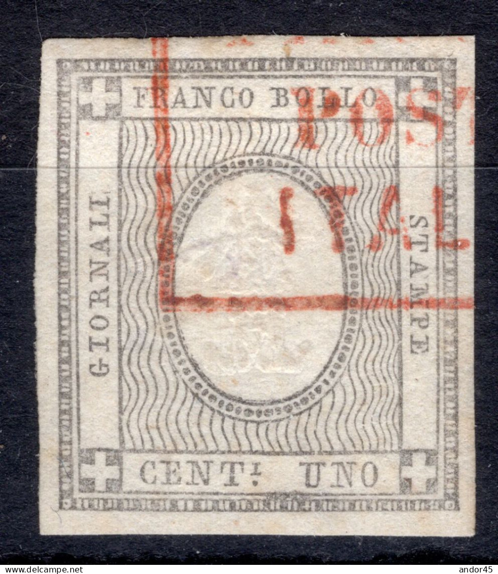 SARDEGNA IV EMISSIONE FRANCOBOLLI PER STAMPATI C.1 SASS 19d CON OTTIMI MARGINI USATO CON ANNULLO SD ROSSO SU TRE RIGHE I - Sardegna