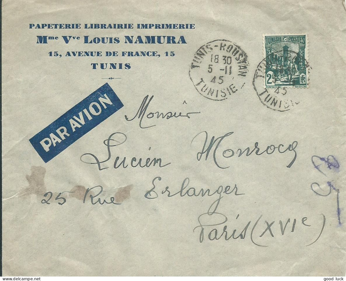 TUNISIE LETTRE PAR AVION 2F TUNIS POUR PARIS DE 1945   LETTRE COVER - Lettres & Documents