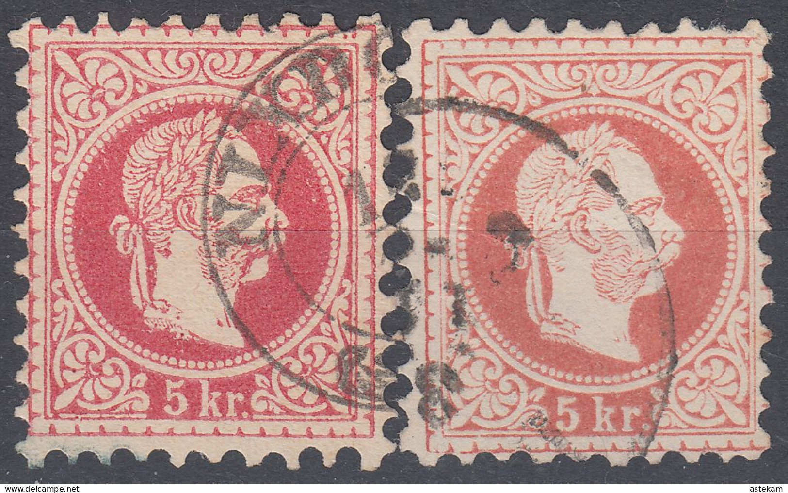 AUSTRIA 1867, KAISER FRANZ JOSEPH, MiNo 37, TWO USED STAMPS From 5.oo KROUZERS In ERROR With DIFFERENT COLORS - Oblitérés