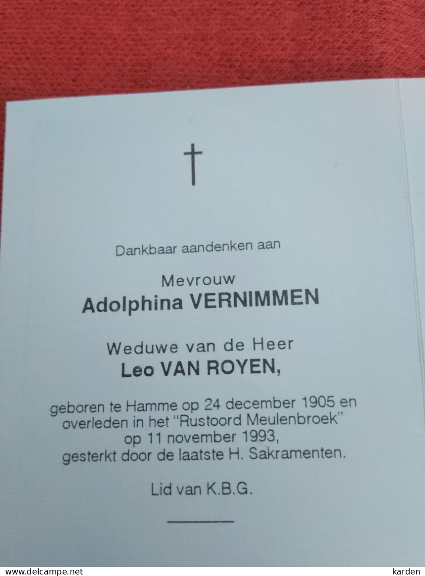 Doodsprentje Adolphina Vernimmen / Hamme 24/12/1905 - 11/11/1993 ( Leo Van Royen ) - Religion &  Esoterik