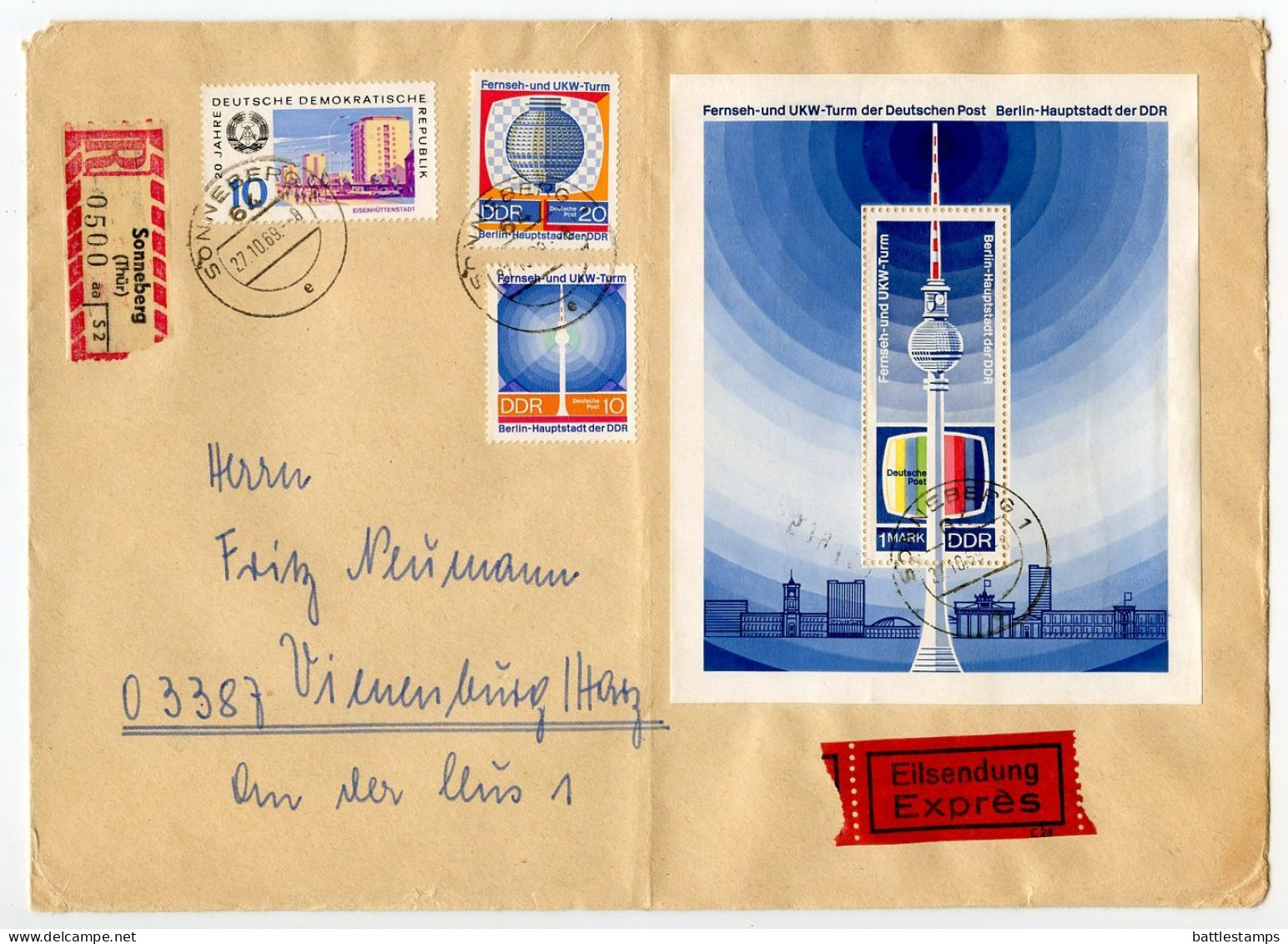 Germany, East 1969 Registered Express Cover; Sonneberg To Vienenburg; Television Tower Stamps & Souvenir Sheet - Covers & Documents