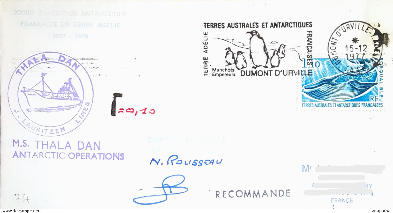 Pli Terre Adélie, Missions PEV, Dumont D'Urville,Thala Dan, Signé, Gérant Postal Rousseau, Flamme, Taxe, Lauritzen - Storia Postale