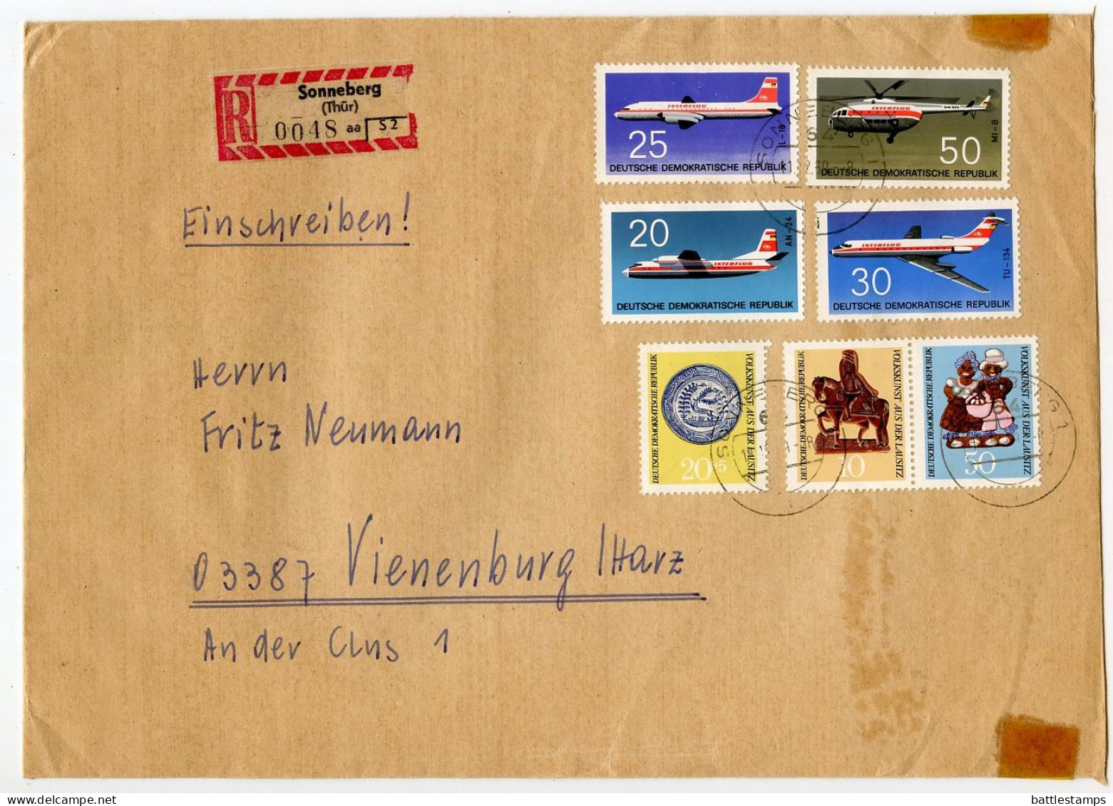Germany, East 1969 Registered Cover; Sonneberg To Vienenburg; Folk Art & Aviation Stamps - Airplanes & Helicopter - Covers & Documents