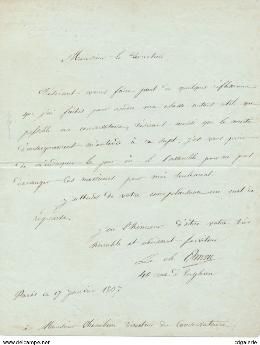 Etienne Jean-Baptiste PASTOU à Luigi CHERUBINI Lettre Autographe Signée 1837 - Cantantes Y Musicos