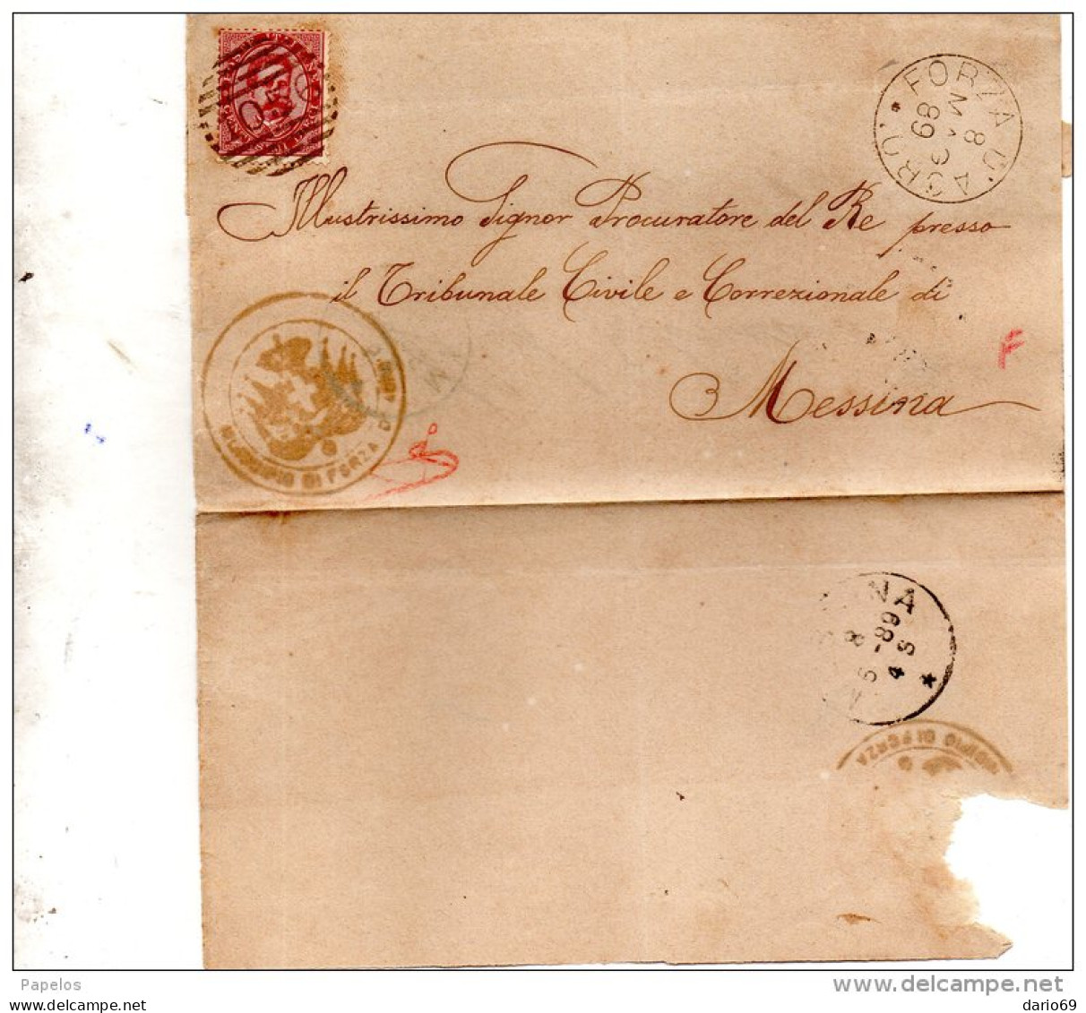 1889  LETTERA CON ANNULLO FORZA D'AGRO MESSINA - Marcophilie