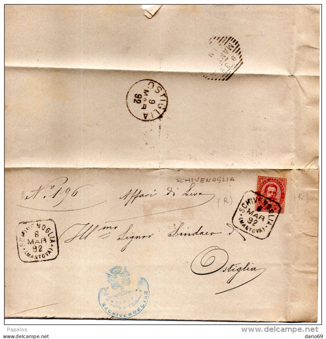 1892 LETTERA CON RARO ANNULLO  QUADRATO SCHIVENOGLIA  MANTOVA - Marcophilie