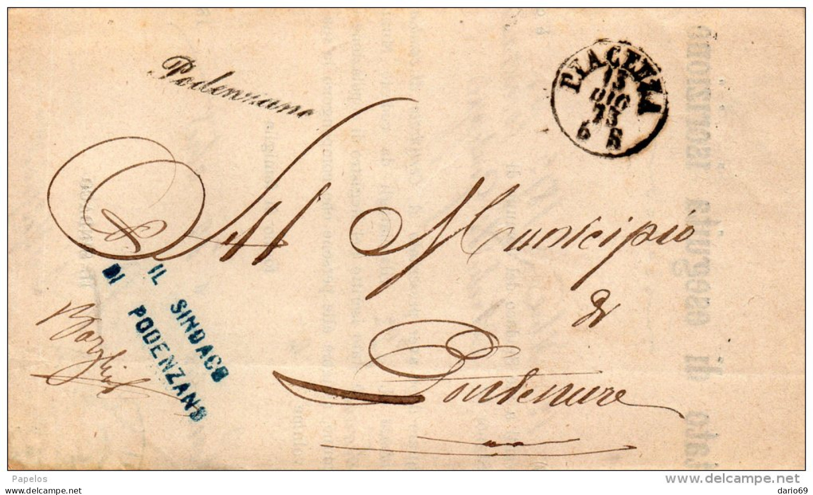 1873   LETTERA CON ANNULLO PIACENZA + PODENZANO IN CORSIVO - Marcophilie