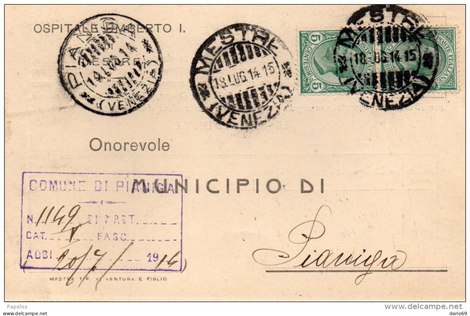 1914    CARTOLINA CON ANNULLO MESTRE VENEZIA + PIANIGA - Marcophilie