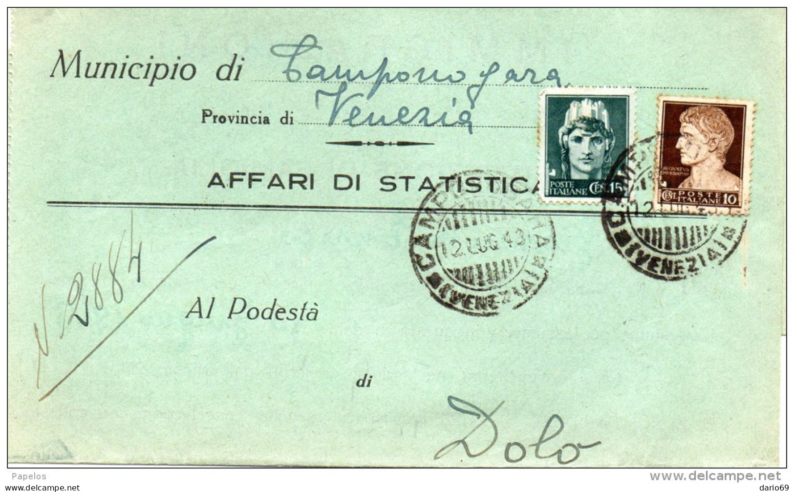 1943  CARTOLINA CON ANNULLO CAMPONOGARA VENEZIA - Storia Postale