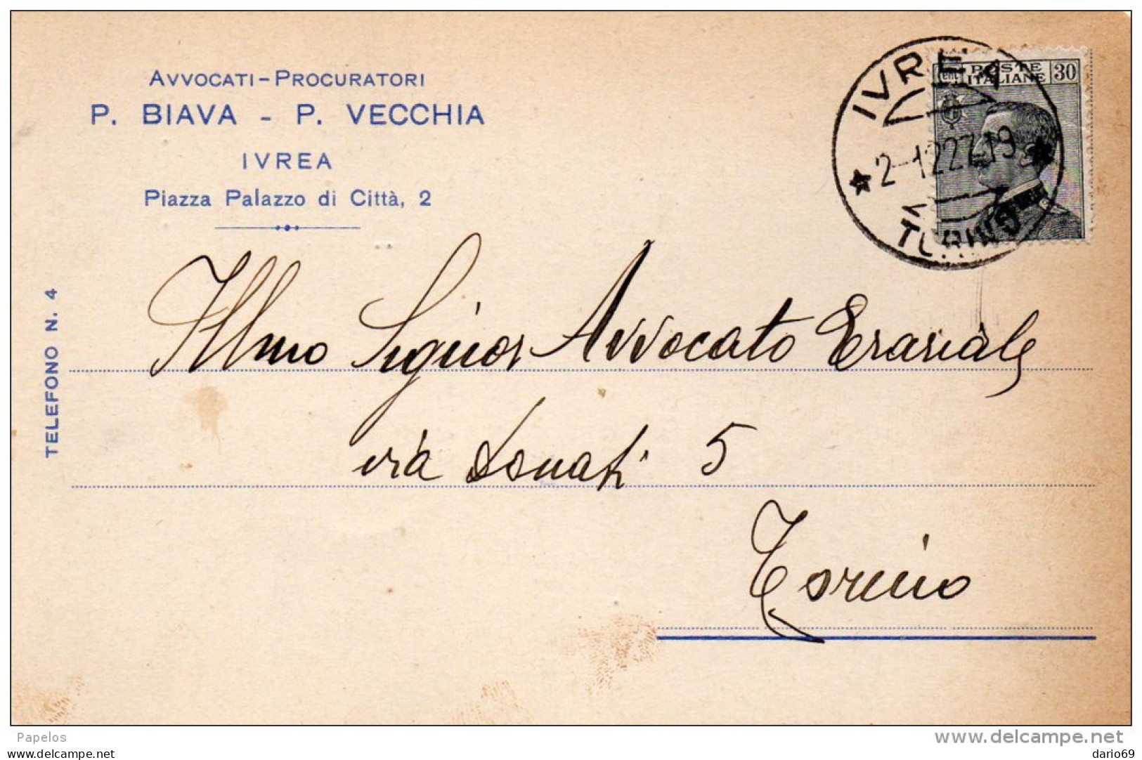 1927  CARTOLINA CON ANNULLO IVREA TORINO - Storia Postale