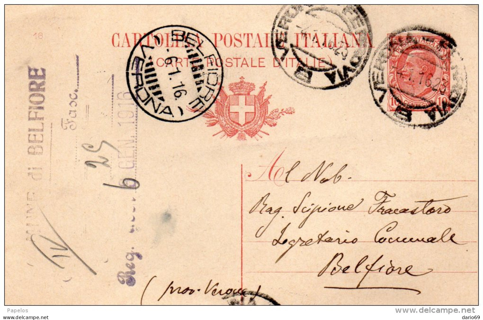 1916  CARTOLINA CON ANNULLO BELFIORE  VERONA - Interi Postali