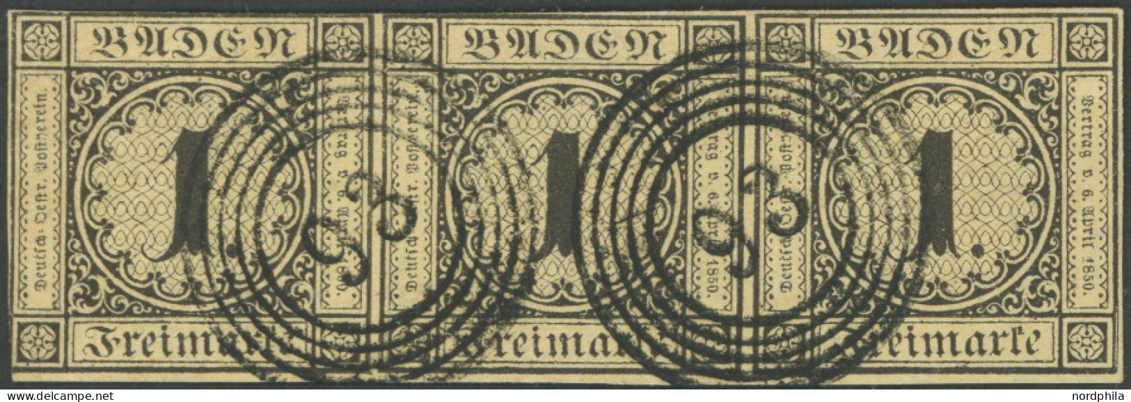 BADEN 1a O, 1851, 1 Kr. Schwarz Auf Sämisch Im Waagerechten Dreierstreifen Mit Nummernstempel 93 (MOSBACH), Fotoattest P - Afgestempeld