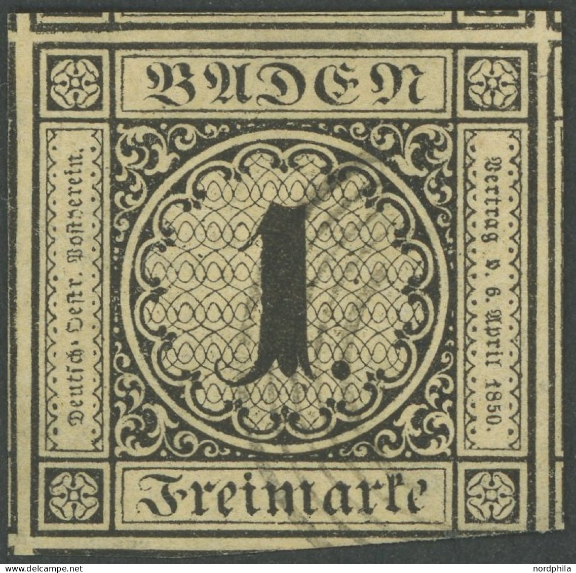 BADEN 1a O, 1851, 1 Kr. Schwarz Auf Sämisch, Zarter Nummernstempel, Unten Rechts An Einer Stelle Berührt Sonst Allseits  - Oblitérés
