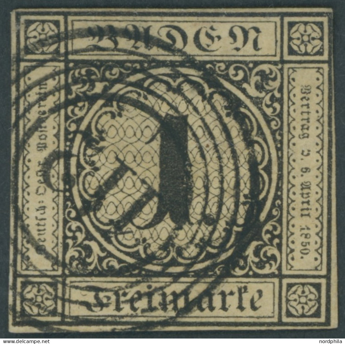 BADEN 1a O, 1851, 1 Kr. Schwarz Auf Sämisch, Nummernstempel 112, Kleine Rückseitige Schürfung Sonst Pracht, Gepr. Brettl - Usati