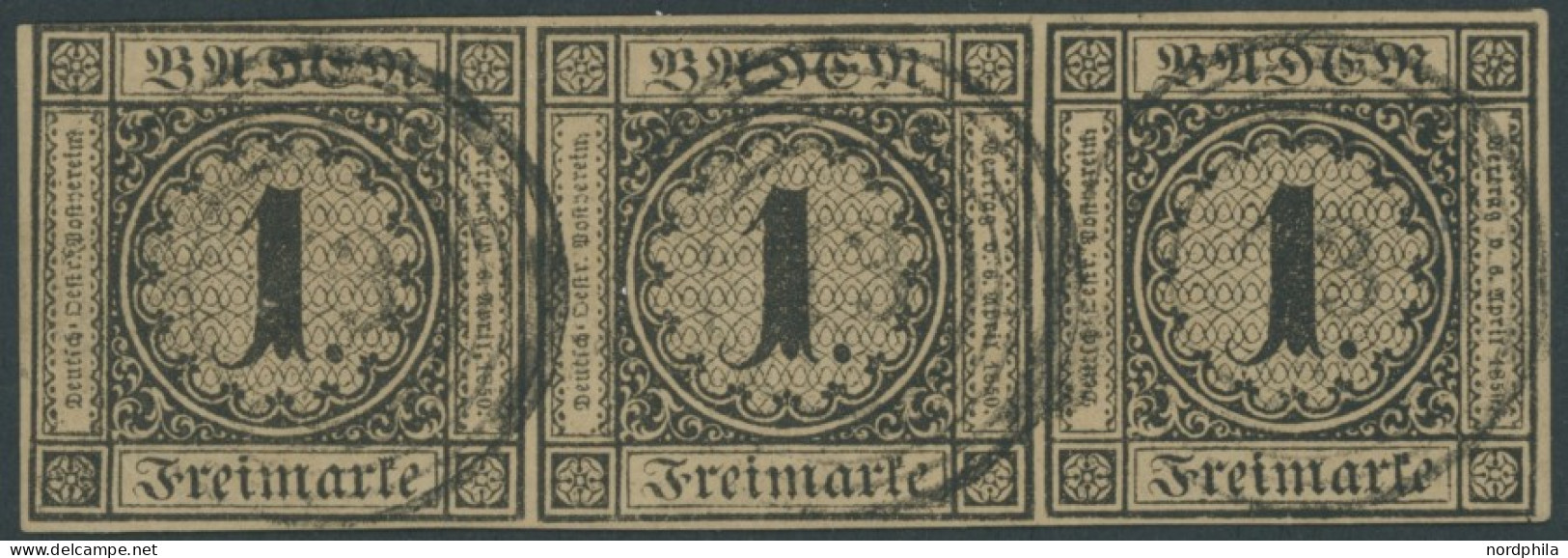 BADEN 1b O, 1851, 1 Kr. Schwarz Auf Braun Im Waagerechten Dreierstreifen, Linke Marke Oben Links Minimal Tangiert Sonst  - Afgestempeld