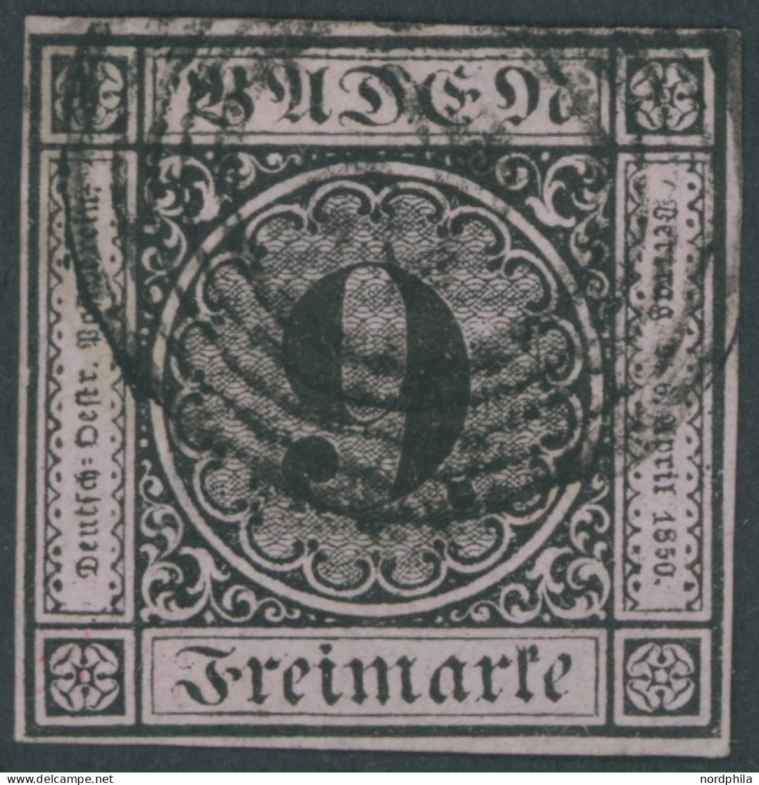 BADEN 4a O, 1851, 9 Kr. Schwarz Auf Altrosa, Voll-breitrandig, Pracht, Gepr. Grobe, Mi. (200.-) - Usados