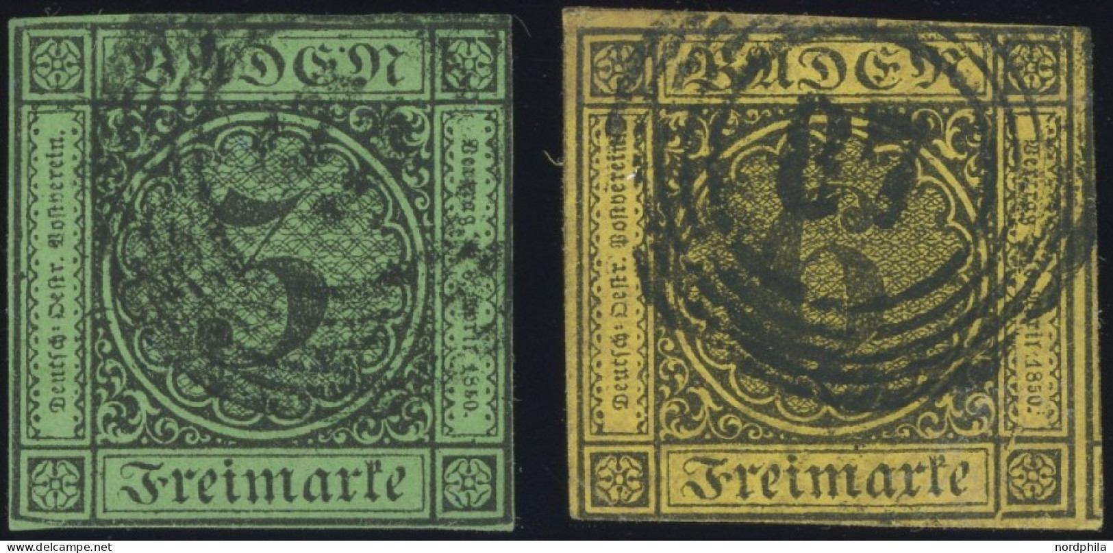 BADEN 6IV,7I O, 1853/4, 3 Kr. Schwarz Auf Grün Und 6 Kr. Schwarz Auf Gelb, 2 Werte Mit Plattenfehlern, Feinst, Mi. 300.- - Afgestempeld