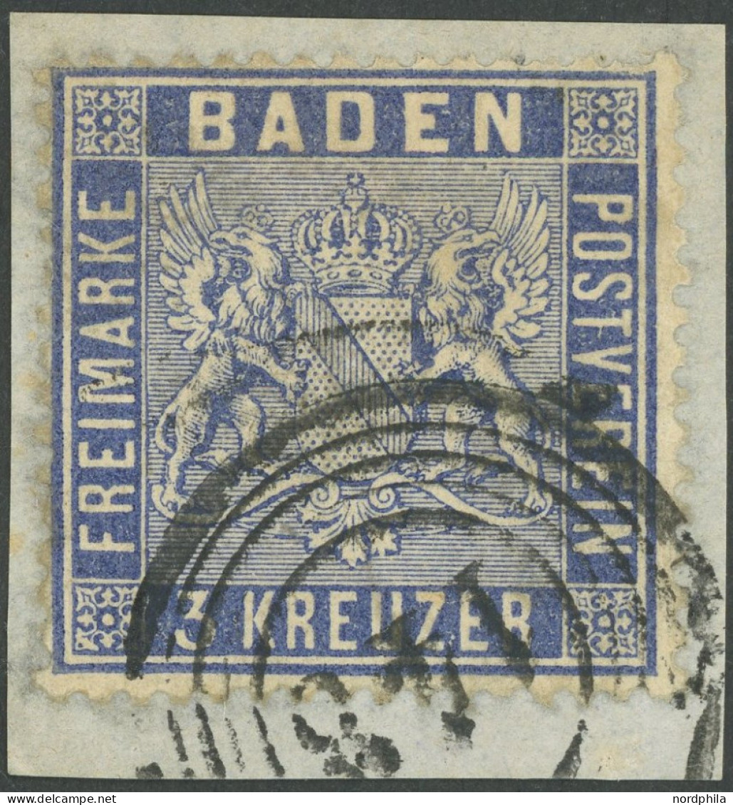 BADEN 10c BrfStk, 1861, 3 Kr. Veilchenblau, Nummernstempel 148, übliche Leichte Zahnmängel Sonst Prachtbriefstück, Gepr. - Usados