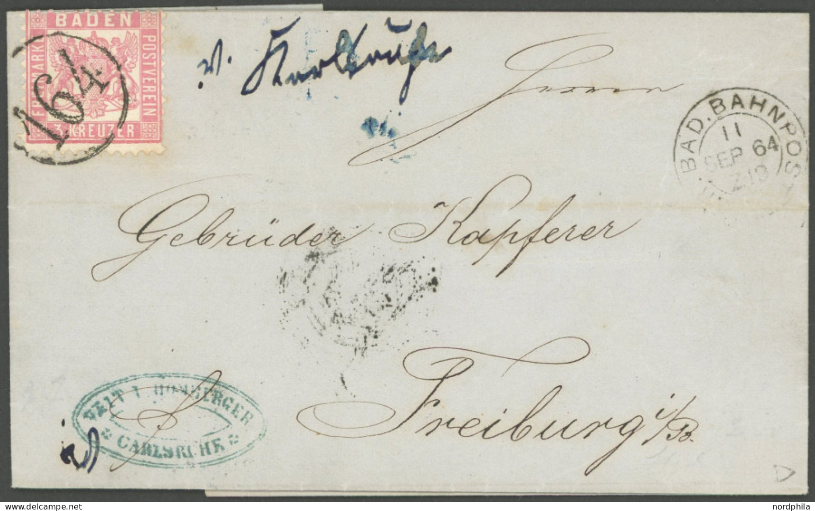 BADEN 18 BRIEF, 1864, 3 Kr. Hellrot Mit Erinnerungs-Nummernstempel 164 Auf Brief Von CARLSRUHE Nach Freiburg, Leichte Wa - Storia Postale