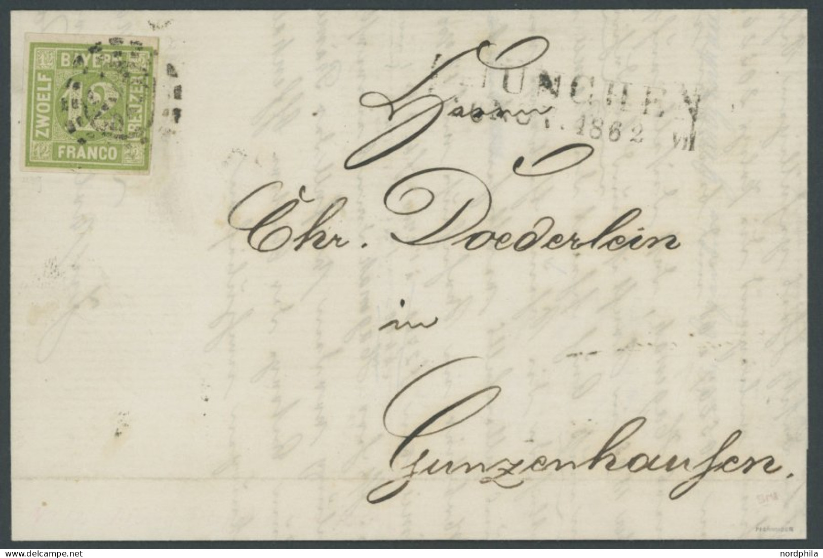 BAYERN 12 BRIEF, 1865, 12 Kr. Dunkelgelbgrün Mit Offenem MR-Stempel 325 Als Einzelfrankatur Nach Gunzenhausen, Prachtbri - Lettres & Documents