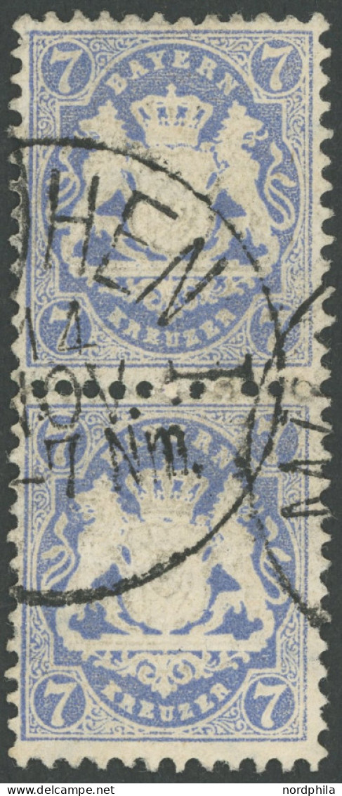 BAYERN 34 Paar O, 1875, 7 Kr. Dunkelultramarin, Wz. 2, Im Senkrechten Paar, Pracht, Gepr. Pfenninger, Mi. 1500.- - Oblitérés
