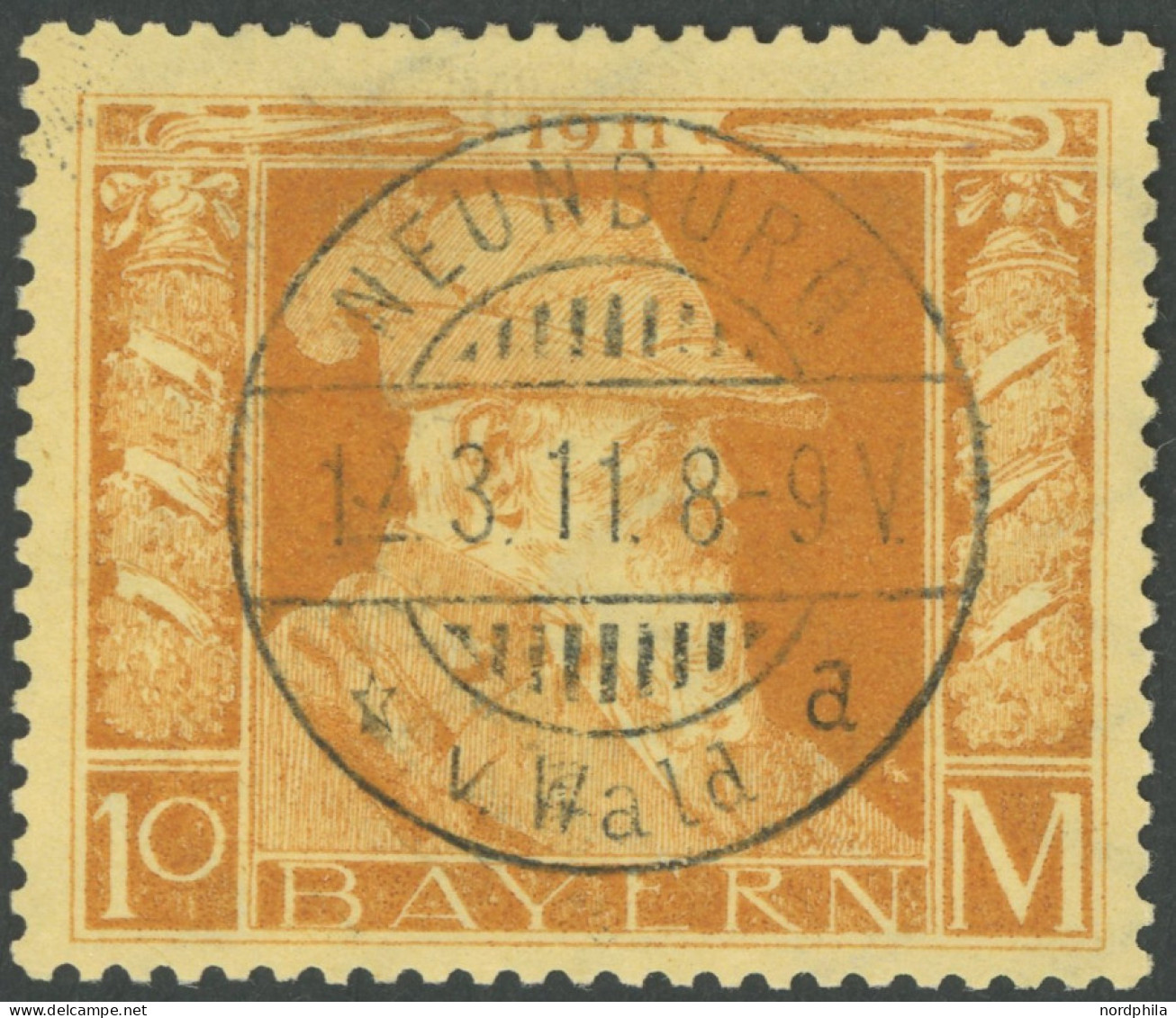 BAYERN 90II O, 1911, 10 M. Luitpold, Type II, Idealer Stempel NEUENBURG V. WALD, Pracht, Mi. 400.- - Used