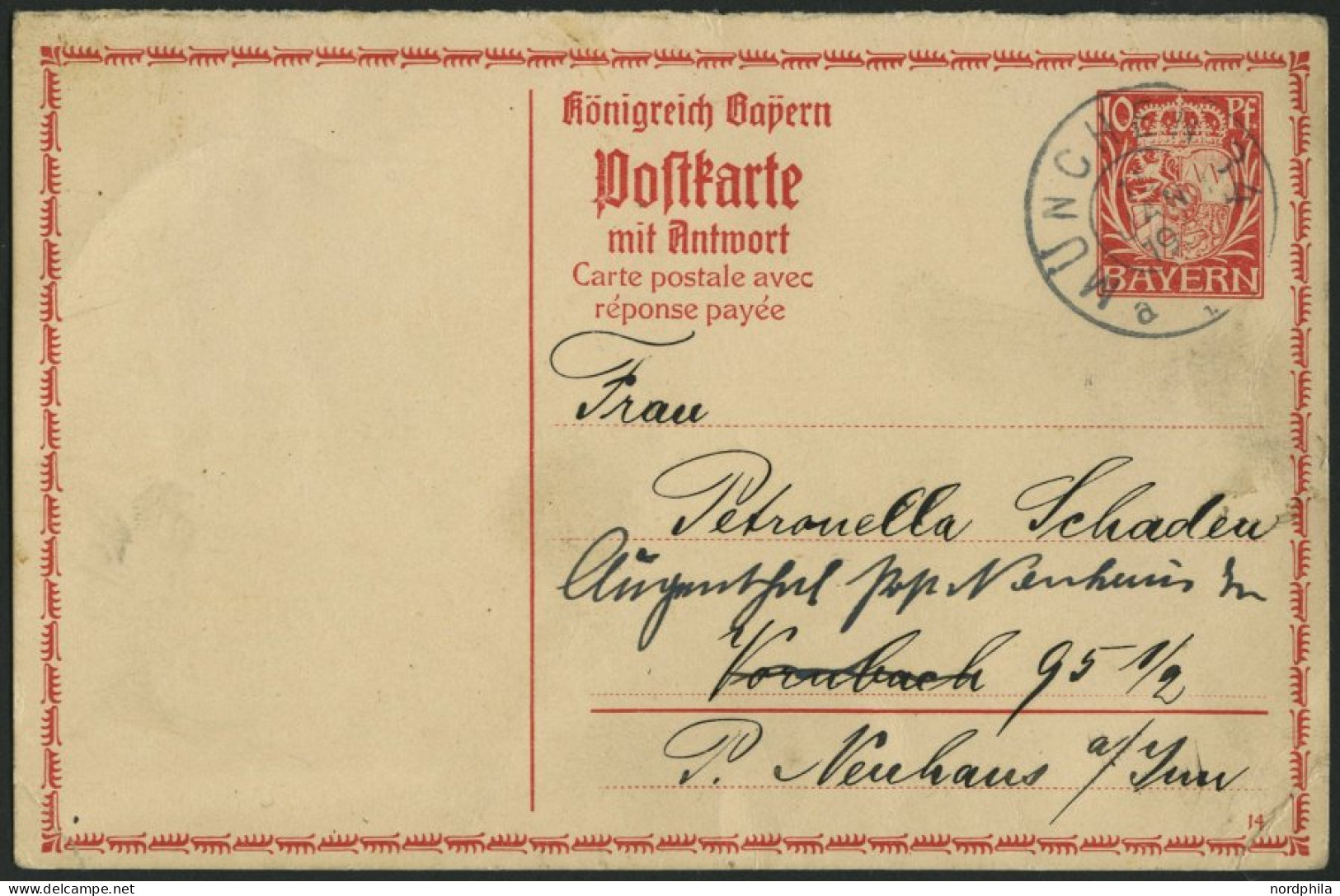 BAYERN P 96 BRIEF, 1914, 10 Pf. Wappen, Frageteil Mit Zierrahmen Und Rückseitigem Zudruck, Feinst (Eckmängel) - Entiers Postaux