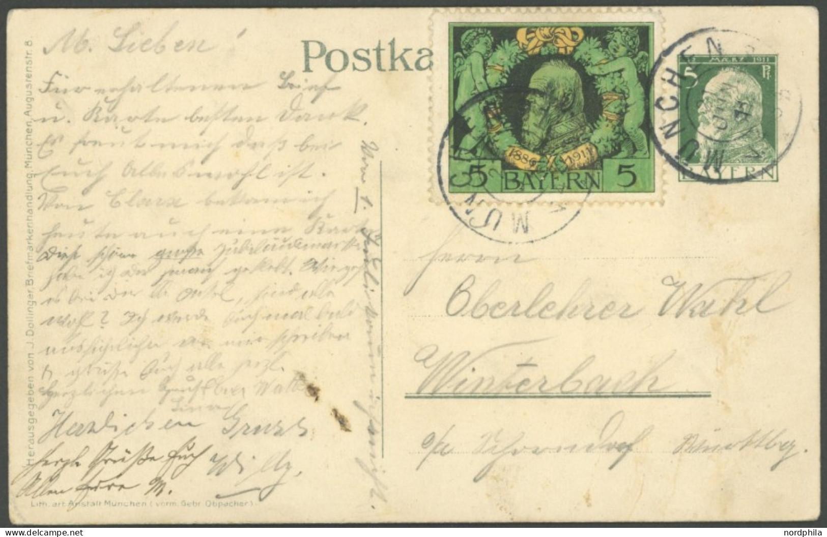BAYERN PP 27C33 BRIEF, Privatpost: 1911, 5 Pf. Luitpold Zum Gedächtnis An Weiland Mit Zusatzfrankatur (Mi.Nr. 97), Prach - Postwaardestukken