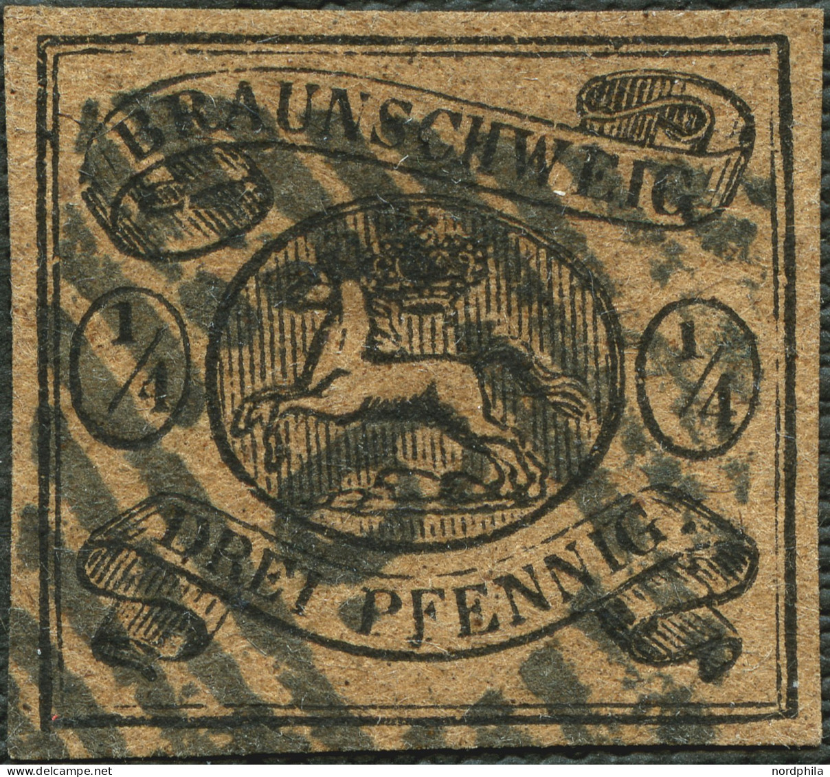 BRAUNSCHWEIG 4 O, 1856, 1/4 Ggr. Schwarz Auf Gelbbraun, Mit Blauschwarzem Nummernstempel 6 (Boerssum), Kabinett, Kurzbef - Brunswick