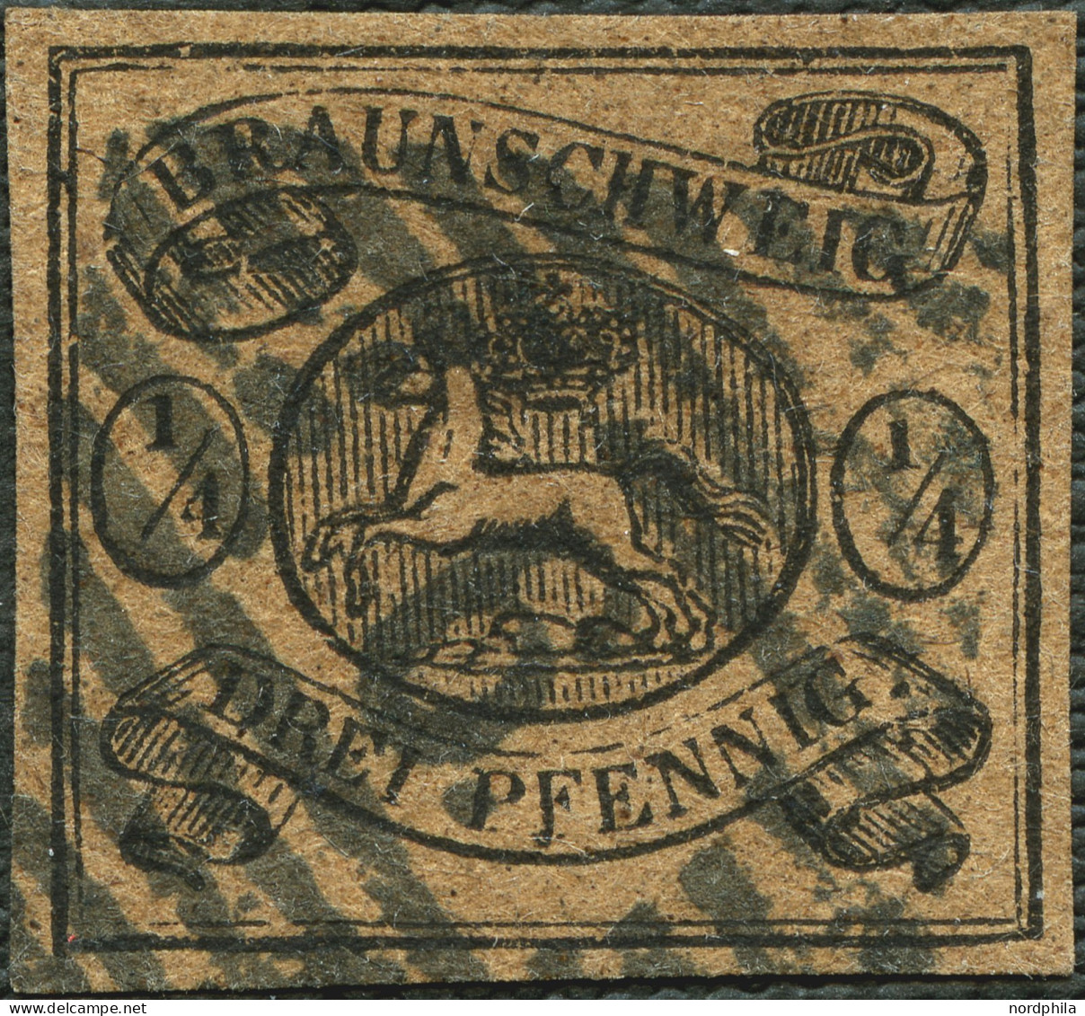 BRAUNSCHWEIG 4 O, 1856, 1/4 Ggr. Schwarz Auf Gelbbraun, Mit Blauschwarzem Nummernstempel 6 (Boerssum), Kabinett, Kurzbef - Braunschweig